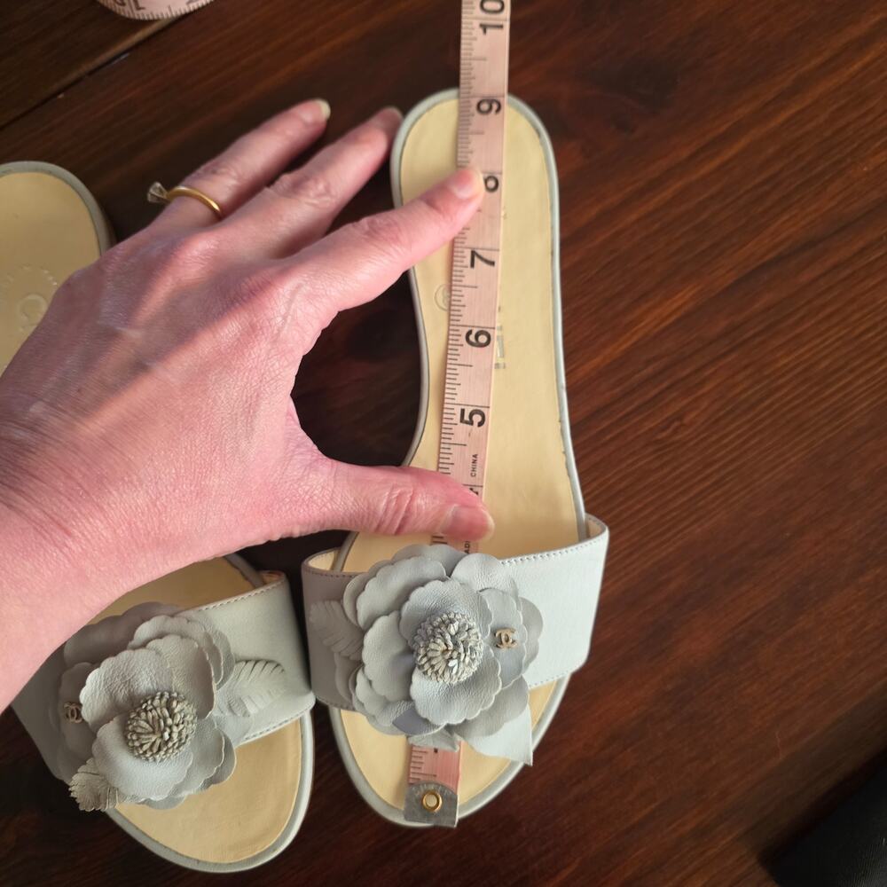 Chanel Blue Gray Leather CC Logo Camellia Flat Slide Sandals IT 36 US 5.5 - Picture 10 of 12